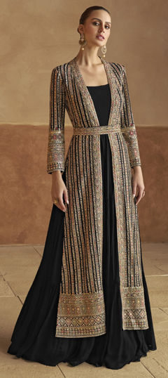 Black and Grey color Gown in Faux Georgette fabric with Embroidered, Sequence, Thread work