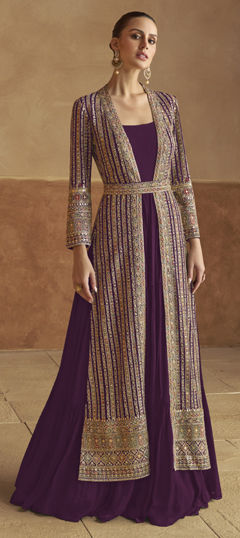 Purple and Violet color Gown in Faux Georgette fabric with Embroidered, Sequence, Thread work