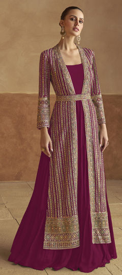 Pink and Majenta color Gown in Faux Georgette fabric with Embroidered, Sequence, Thread work