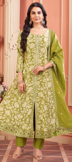 Green color Salwar Kameez in Silk fabric with Embroidered, Floral, Printed, Sequence, Thread work