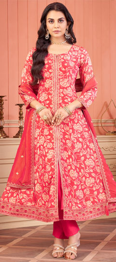 Pink and Majenta color Salwar Kameez in Silk fabric with Embroidered, Floral, Printed, Sequence work
