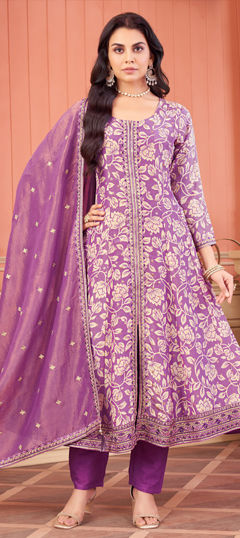 Purple and Violet color Salwar Kameez in Silk fabric with Embroidered, Floral, Printed, Sequence, Thread work