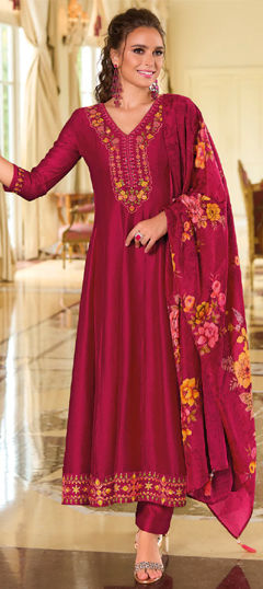 Pink and Majenta color Salwar Kameez in Silk fabric with Embroidered, Resham, Sequence, Thread work