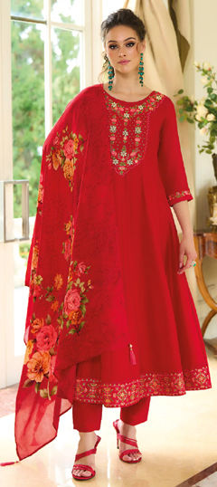 Red and Maroon color Salwar Kameez in Silk fabric with Embroidered, Resham, Sequence, Thread work