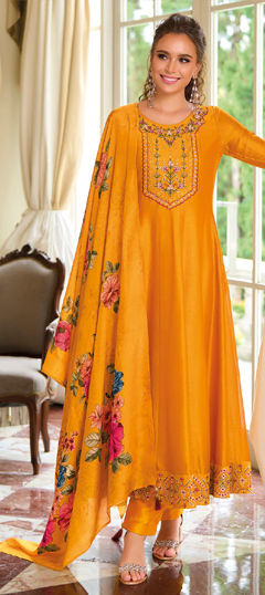 Yellow color Salwar Kameez in Silk fabric with Embroidered, Resham, Sequence, Thread work