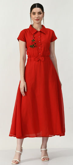 Red and Maroon color Salwar Kameez in Georgette fabric with Embroidered, Thread work