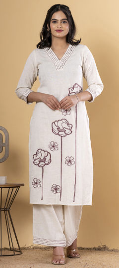 White and Off White color Salwar Kameez in Cotton Flex fabric with Embroidered, Thread work