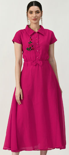 Pink and Majenta color Dress in Georgette fabric with Embroidered, Thread work