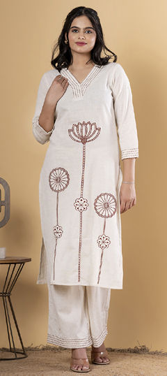 White and Off White color Salwar Kameez in Cotton Flex fabric with Embroidered, Thread work