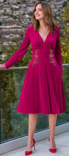 Pink and Majenta color Dress in Velvet fabric with Embroidered, Thread work