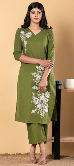 Green color Salwar Kameez in Cotton Flex fabric with Embroidered, Resham, Thread work