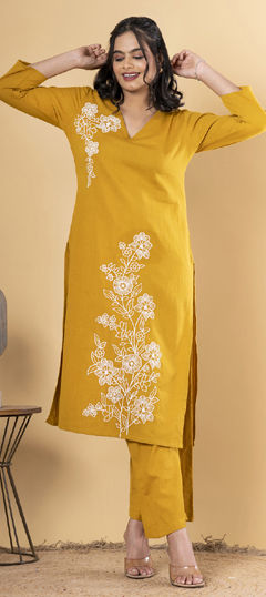 Yellow color Salwar Kameez in Cotton Flex fabric with Embroidered, Resham, Thread work