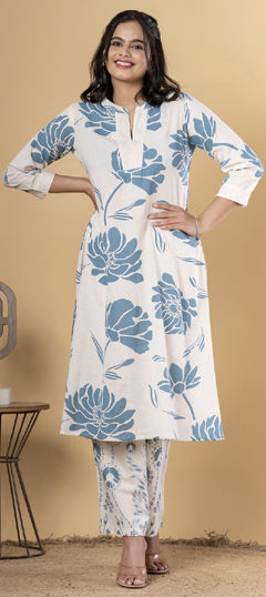 Blue, White and Off White color Salwar Kameez in Cotton Flex fabric with Floral, Printed work