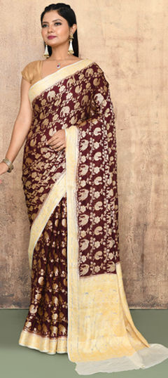 Red and Maroon color Saree in Georgette fabric with Weaving work