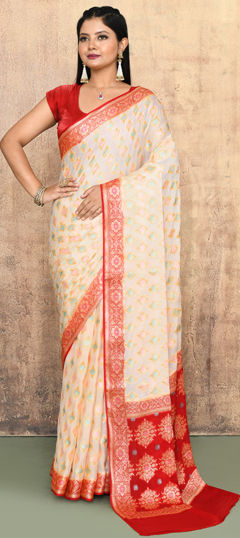 White and Off White color Saree in Georgette fabric with Weaving work