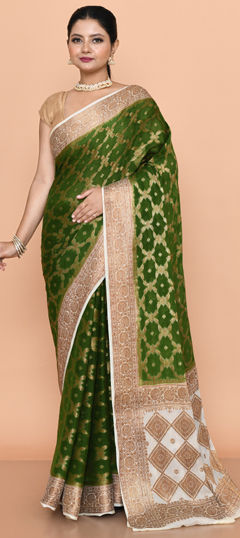 Green color Saree in Georgette fabric with Weaving work