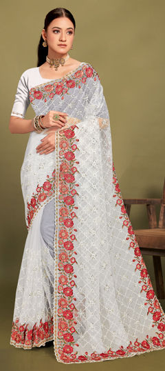 White and Off White color Saree in Net fabric with Embroidered, Resham, Thread, Zari work