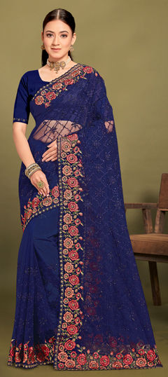 Blue color Saree in Net fabric with Embroidered, Resham, Thread, Zari work