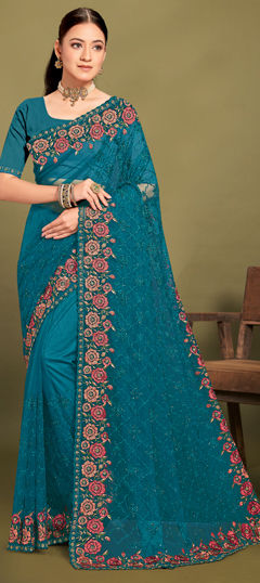 Blue color Saree in Net fabric with Embroidered, Resham, Thread, Zari work