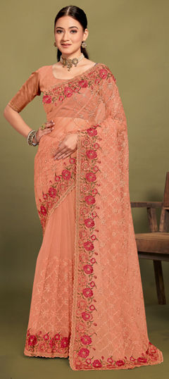 Pink and Majenta color Saree in Net fabric with Embroidered, Resham, Thread, Zari work