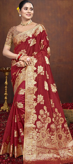 Red and Maroon color Saree in Art Silk fabric with Weaving, Zari work