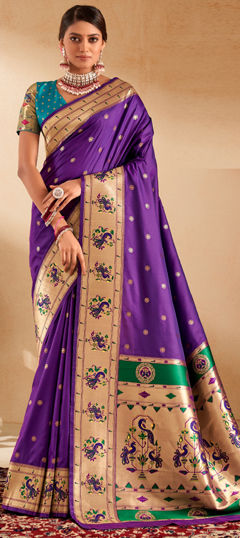 Purple and Violet color Saree in Silk fabric with Weaving work