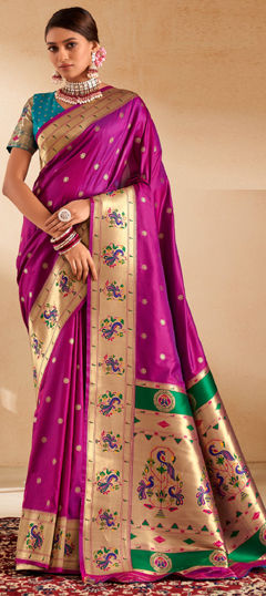 Pink and Majenta color Saree in Silk fabric with Weaving work