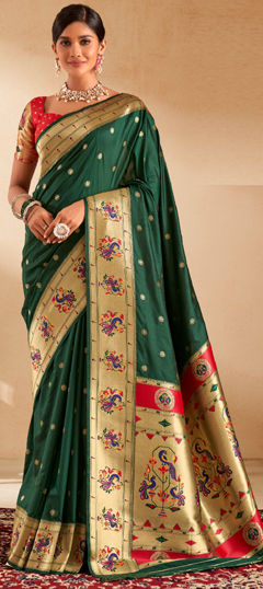 Green color Saree in Silk fabric with Weaving work