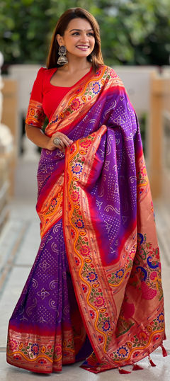 Purple and Violet color Saree in Silk fabric with Bandhej, Printed, Weaving, Zari work