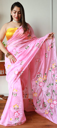 Pink and Majenta color Saree in Organza Silk fabric with Floral, Printed work