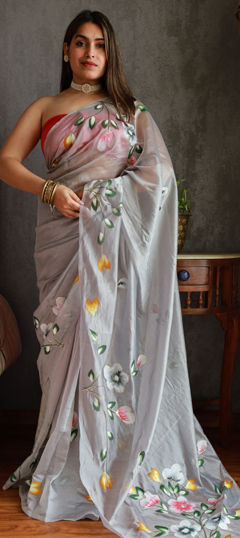 Black and Grey color Saree in Organza Silk fabric with Floral, Printed work