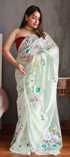 Green, Pink and Majenta color Saree in Organza Silk fabric with Floral, Printed work