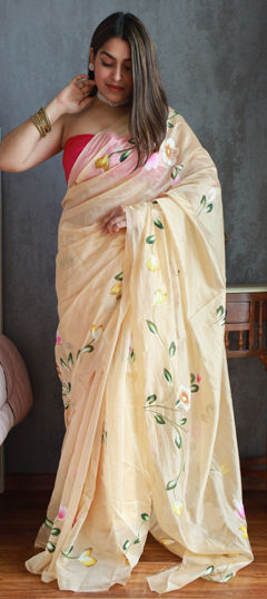 Yellow color Saree in Organza Silk fabric with Floral, Printed work