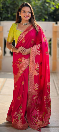 Pink and Majenta color Saree in Silk fabric with Bandhej, Printed, Weaving, Zari work