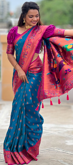 Blue color Saree in Silk fabric with Bandhej, Printed, Weaving, Zari work