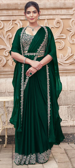 Green color Readymade Saree in Chiffon fabric with Mirror, Moti, Sequence work