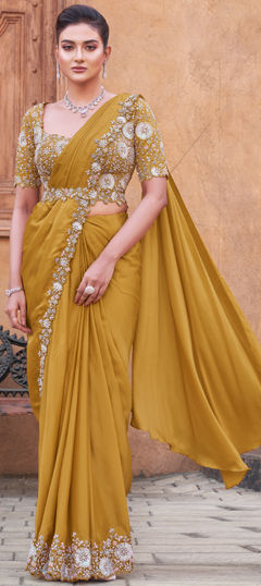 Yellow color Readymade Saree in Crepe Silk, Satin Silk fabric with Moti, Sequence, Stone work