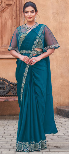 Blue color Readymade Saree in Crepe Silk, Satin Silk fabric with Bugle Beads, Stone work