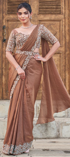 Beige and Brown color Readymade Saree in Satin Silk fabric with Bugle Beads, Moti, Sequence, Stone work
