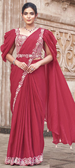 Red and Maroon color Readymade Saree in Satin Silk fabric with Moti, Sequence, Stone work
