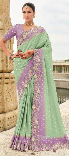 Green color Saree in Silk fabric with Embroidered, Sequence, Thread, Weaving work