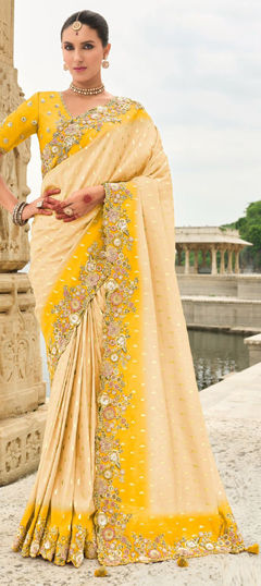 Beige and Brown color Saree in Silk fabric with Embroidered, Sequence, Thread, Weaving work