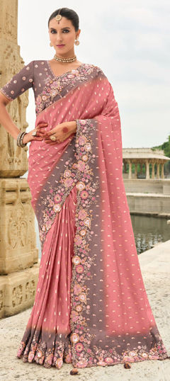 Pink and Majenta color Saree in Silk fabric with Embroidered, Sequence, Thread, Weaving work