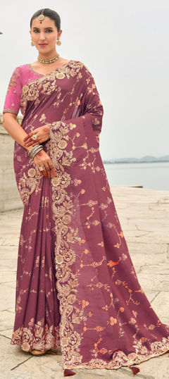 Pink and Majenta color Saree in Silk fabric with Embroidered, Sequence, Thread, Weaving work