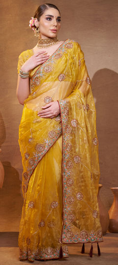 Yellow color Saree in Organza Silk fabric with Embroidered, Thread work