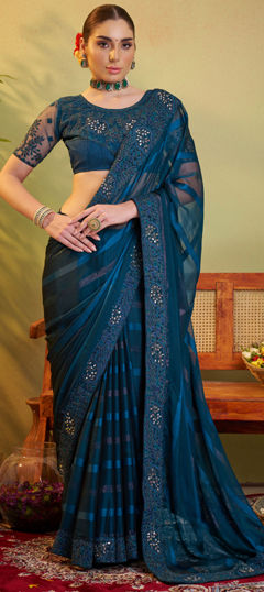 Blue color Saree in Satin Silk fabric with Embroidered, Thread work