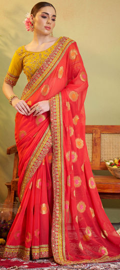 Red and Maroon color Saree in Viscose fabric with Embroidered, Thread work