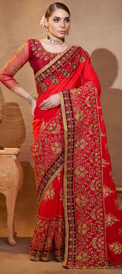 Orange color Saree in Silk fabric with Embroidered, Thread work