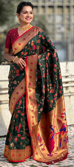 Green color Saree in Silk fabric with Weaving, Zari work