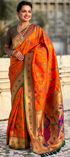 Orange color Saree in Silk fabric with Weaving, Zari work